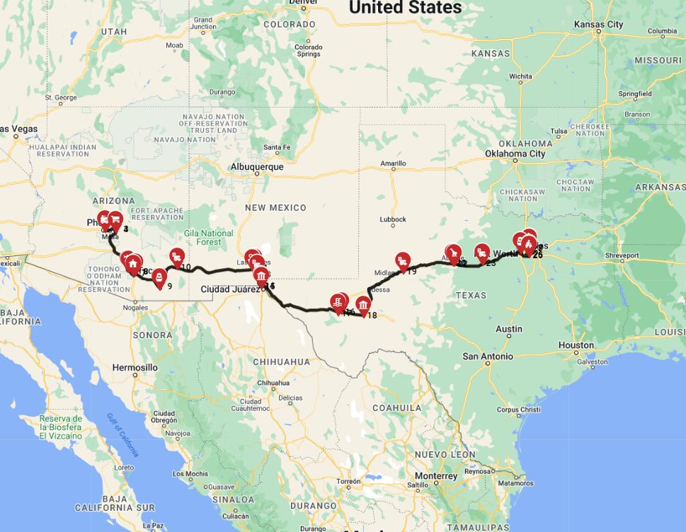 Phoenix to Dallas RV joerney planner with a motorhome